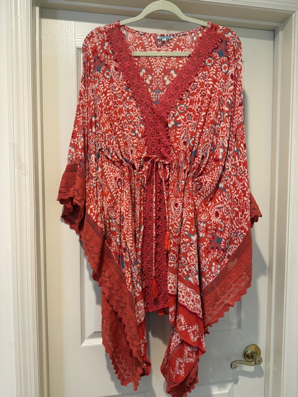 Boho Coral/Red Floral Crochet Mini Dress /Tunic Top/ Beach CoverUp Cinch Waist L